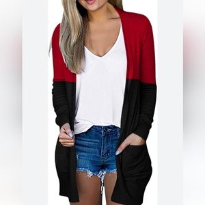 Cashmere Colorblock Open Front Knit Cardigan Duster Holiday Red/Black /NWT- XL
